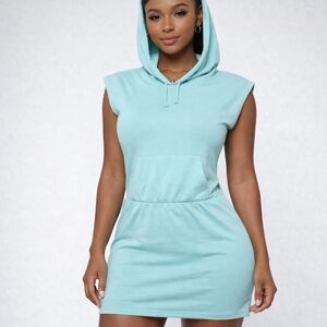 Sleeveless Hoodie Mini Dress in Aqua